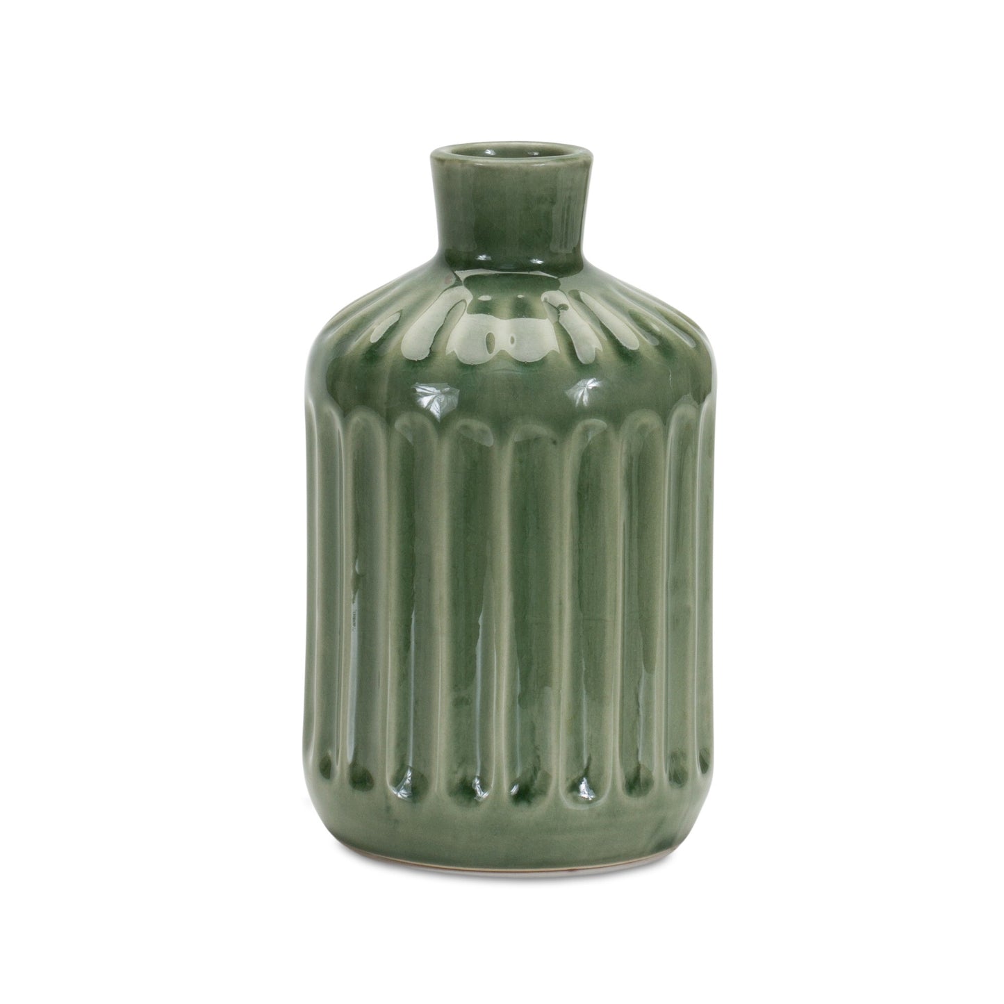 Striped green ceramic vase detail view showing translucent glaze, 7 inch botanical home accent