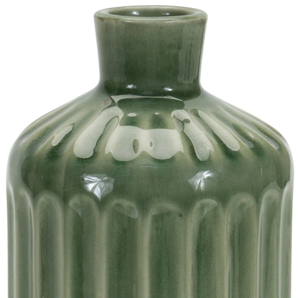Green striped terracotta vase showing bottleneck design, 7 inch casual elegant home decor
