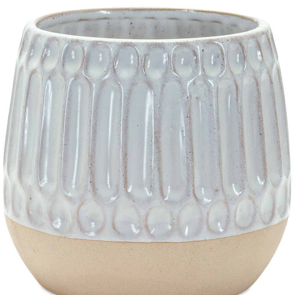 Set of Two Beige and White Ribbed Round Porcelain Vases - Front View Showing Textured Design Perfect for Modern Minimalist Home Decor
