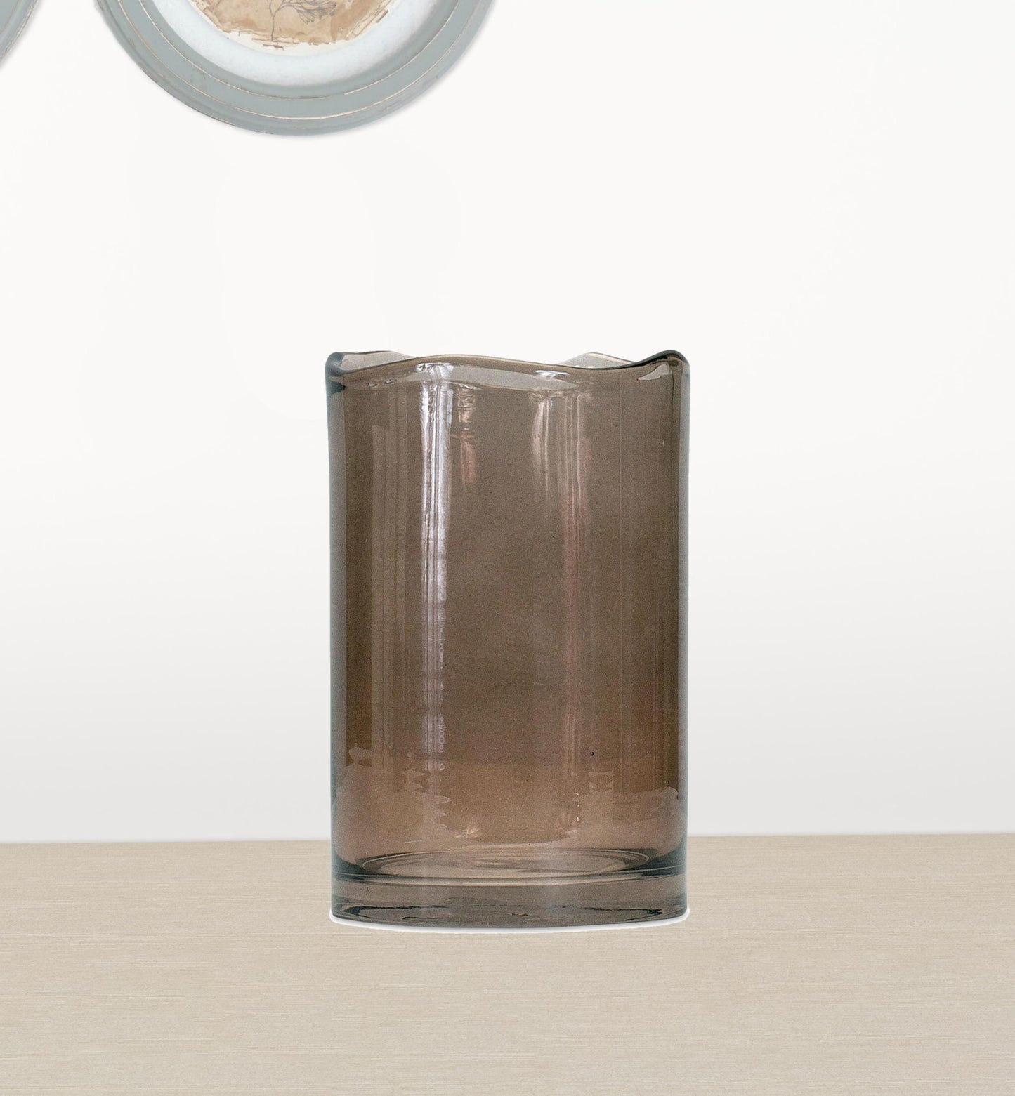 Side view of 8-inch brown glass vase with sleek cylindrical shape, perfect for coffee table and dining room decor