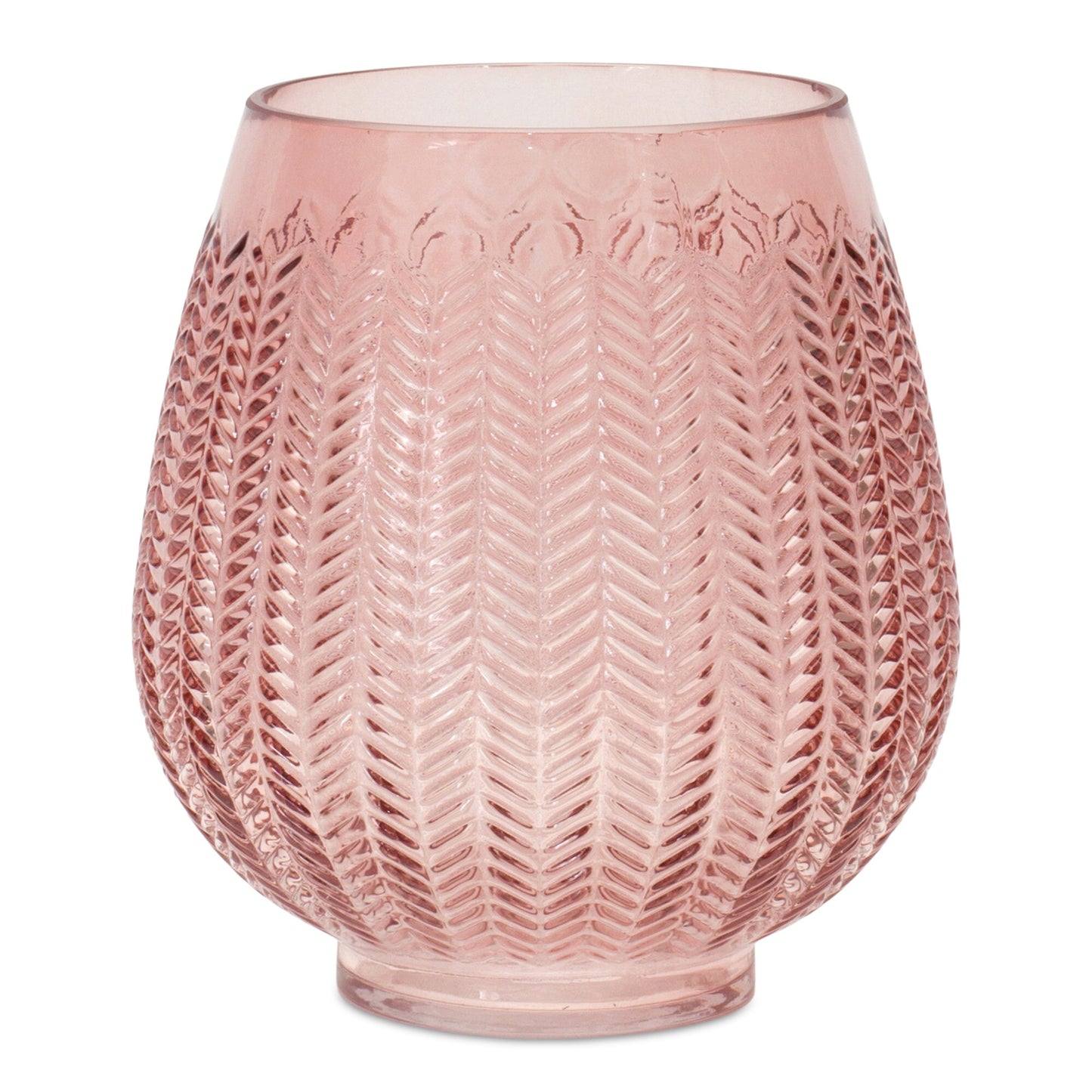 Vintage style pink glass vase close-up displaying textured leaf pattern and quality glass construction