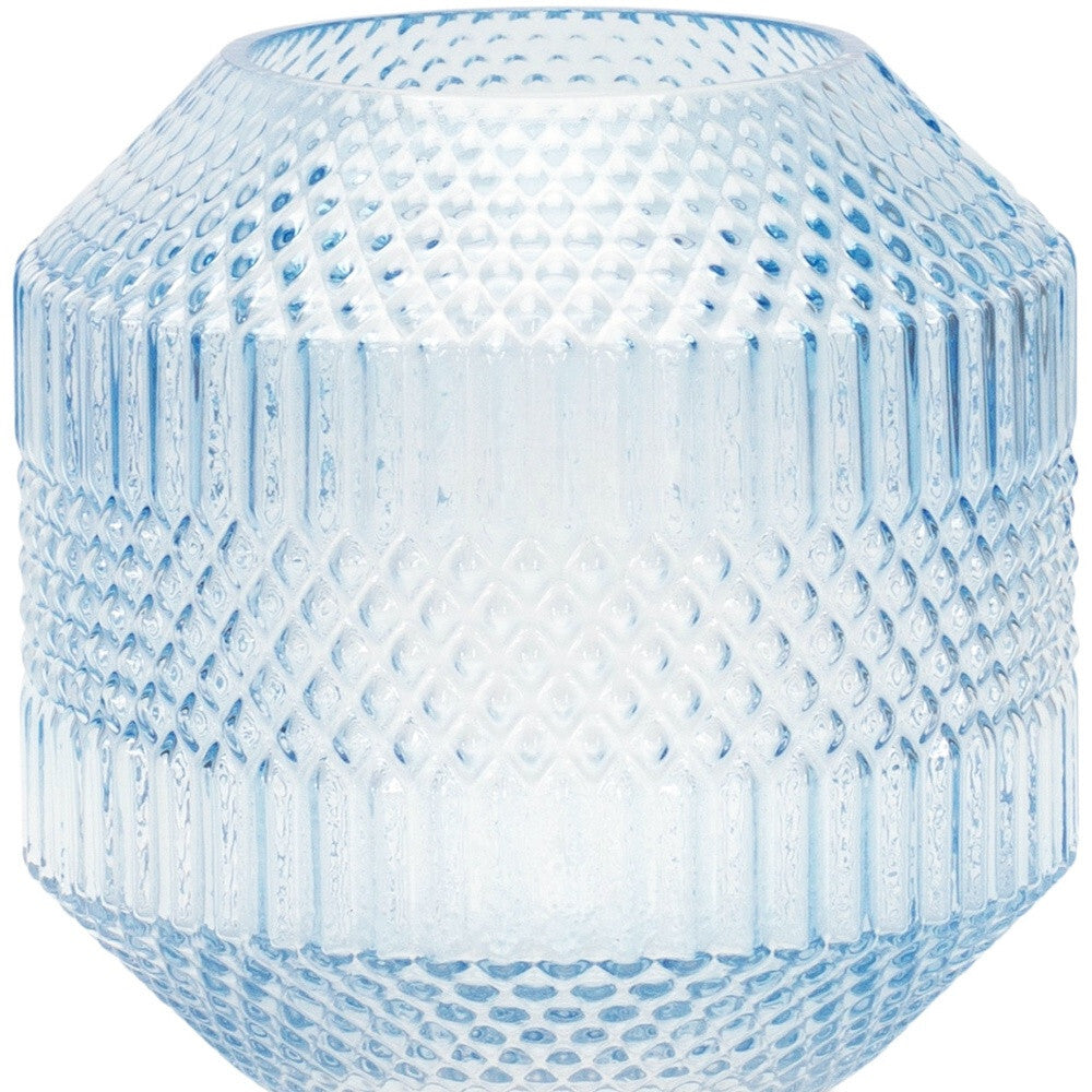 Side view of 7-inch coastal blue cylinder glass vase with modern geometric details