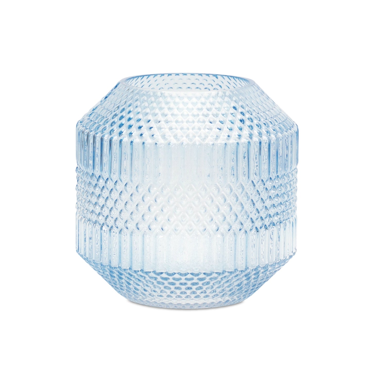 Pale blue geometric glass vase detail showing premium craftsmanship and tranquil color