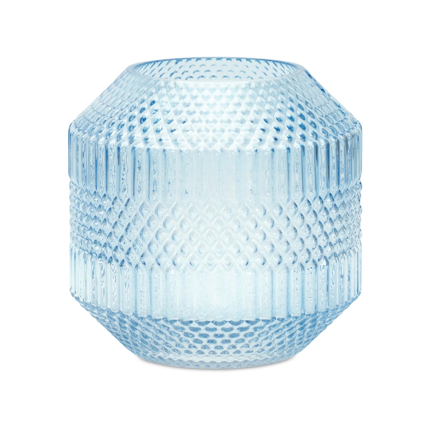 8 inch pale blue geometric cylinder glass vase with etched pattern, modern coastal table decor piece