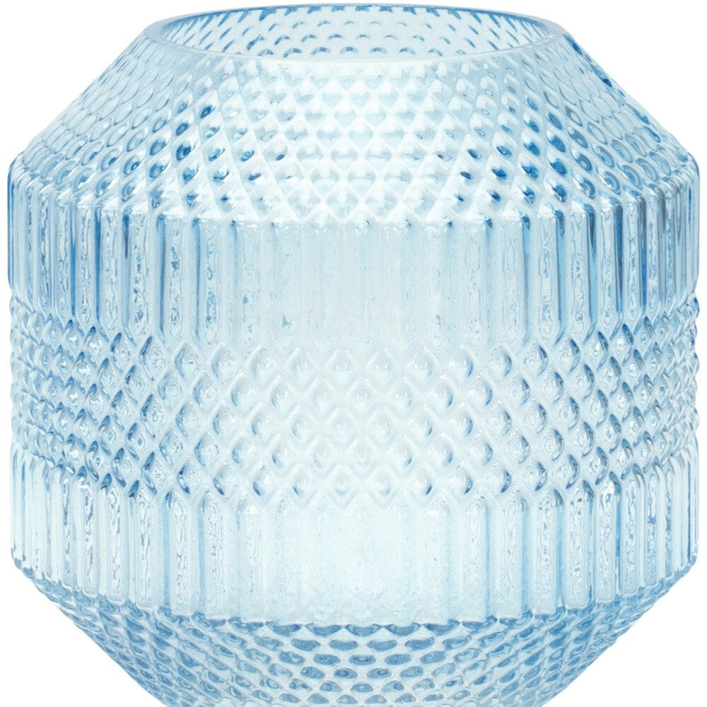Modern coastal blue glass cylinder vase with geometric design, 8 inch table centerpiece