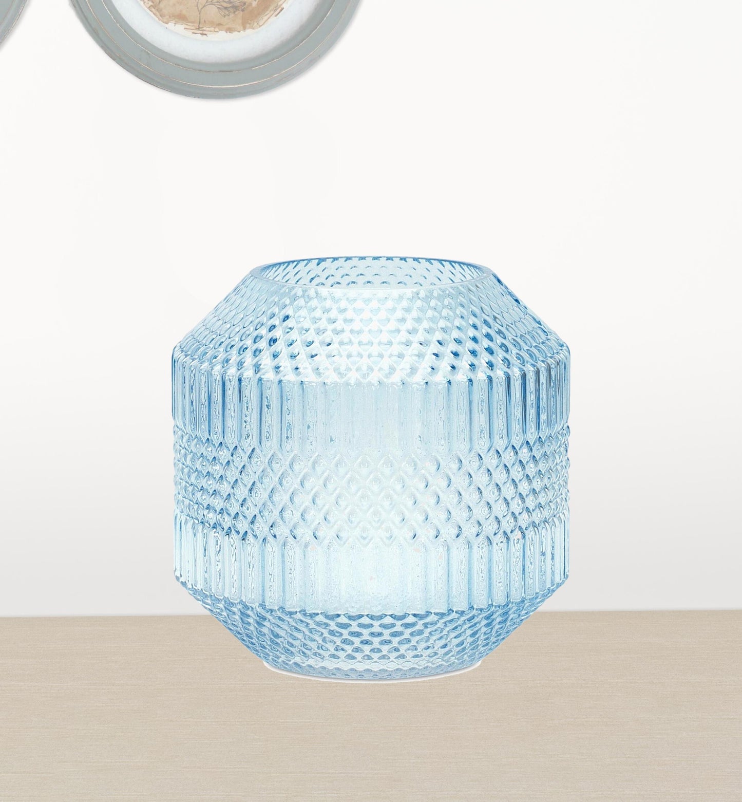 Light blue cylinder glass vase with etched geometric pattern, 8 inch coastal decor accent