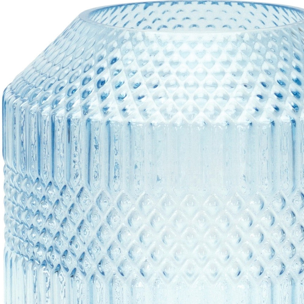 Pale blue glass vase showing texture and geometric details, 8 inch modern beach style decor