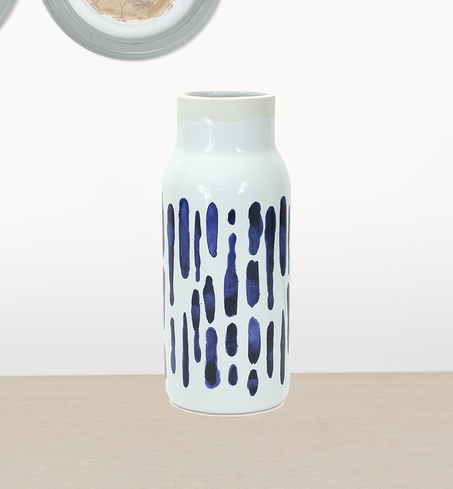 10 inch blue white cylinder vases with coastal design, modern table decor accent pair