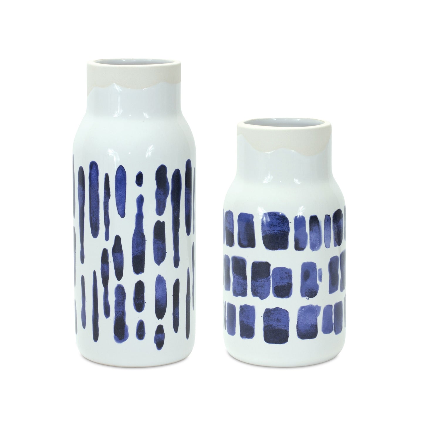 Contemporary blue white ceramic vase set showing abstract pattern, 10 inch coastal home decor