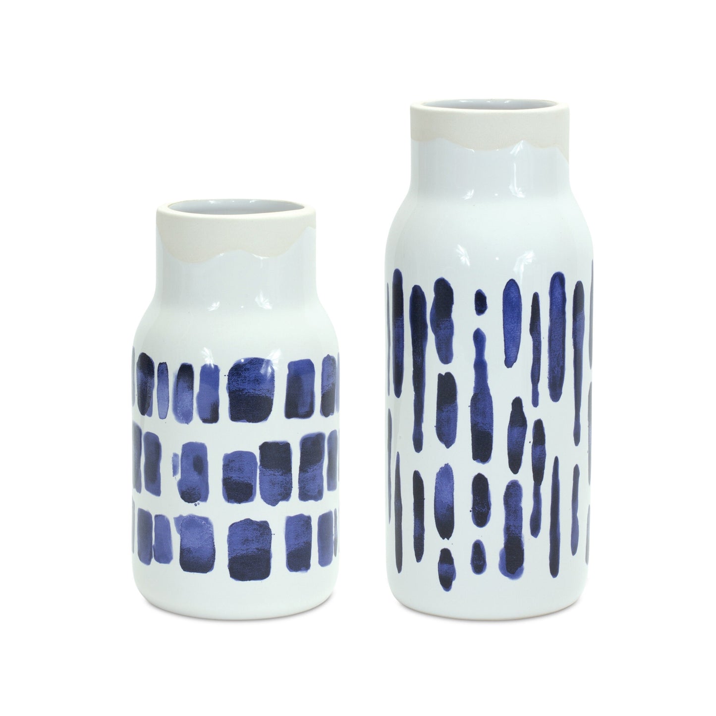 Blue and white abstract vases side view, 10 inch modern coastal table decoration set
