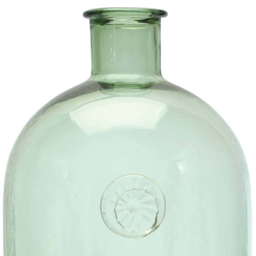 Country style green glass bud vase showing light through translucent glass, 12 inch farmhouse table centerpiece