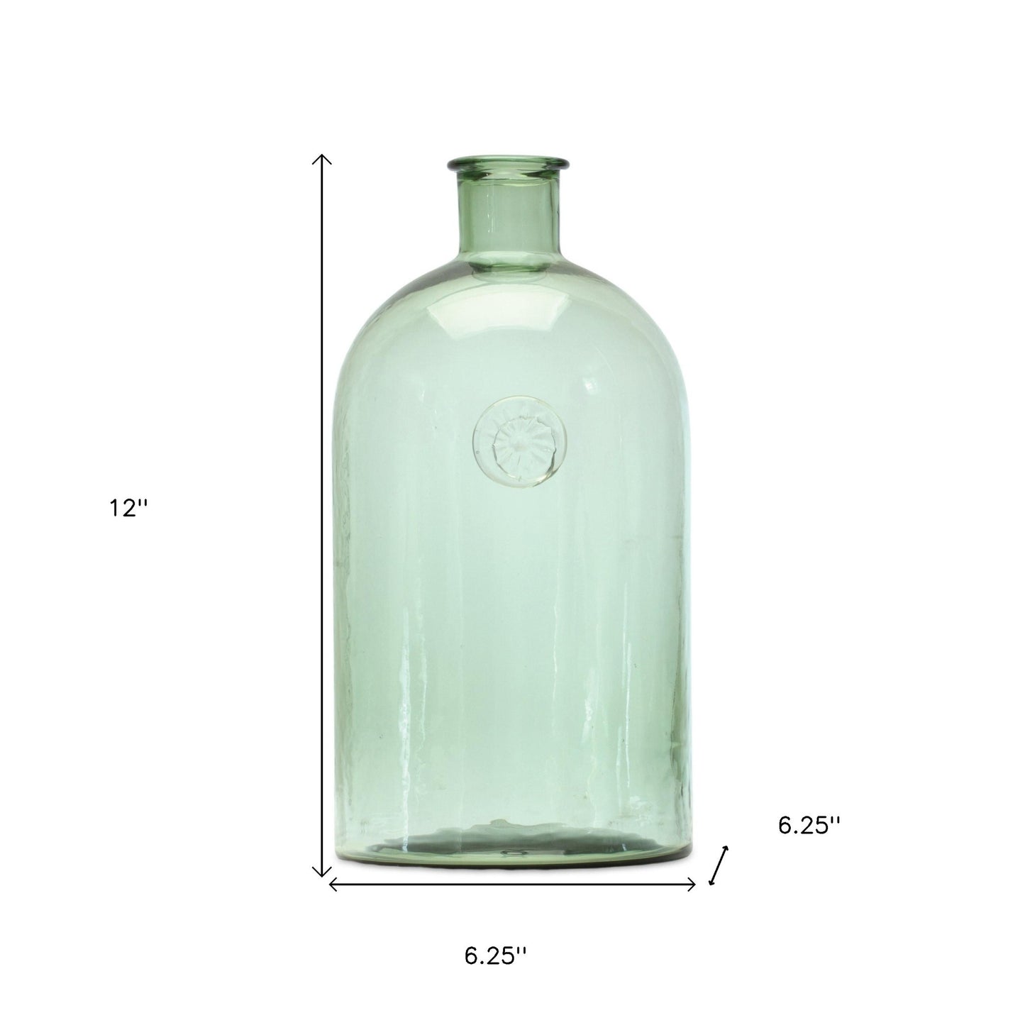 12 inch green glass bottleneck vase full view, charming rustic design perfect for natural home decor