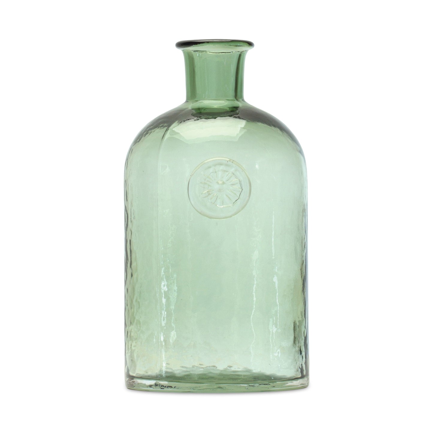 Emerald green glass vase with bud design, 9 inch botanical table centerpiece
