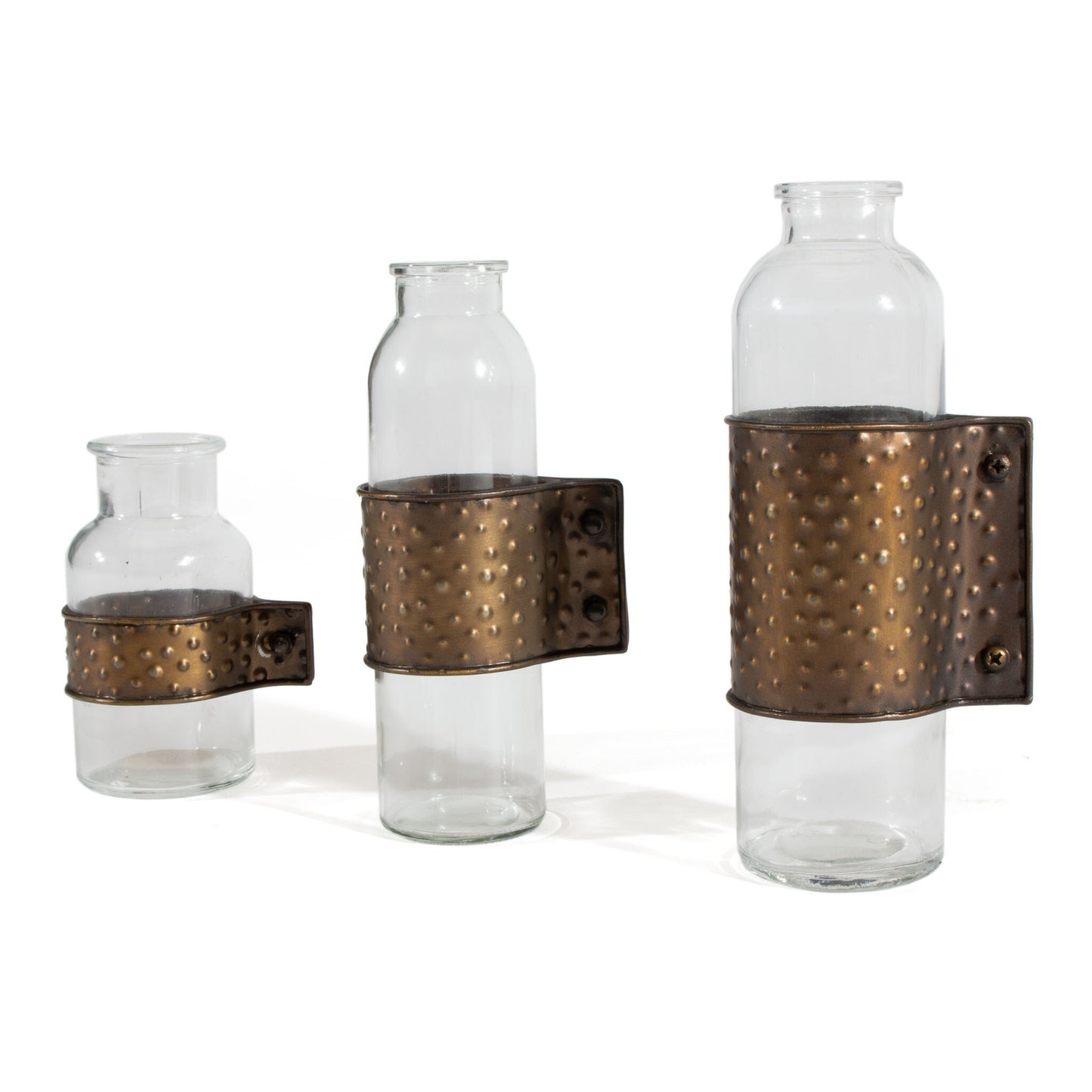 Side view of 9 inch hammered cylinder vases in clear glass and bronze metal perfect for fresh flowers and table centerpieces