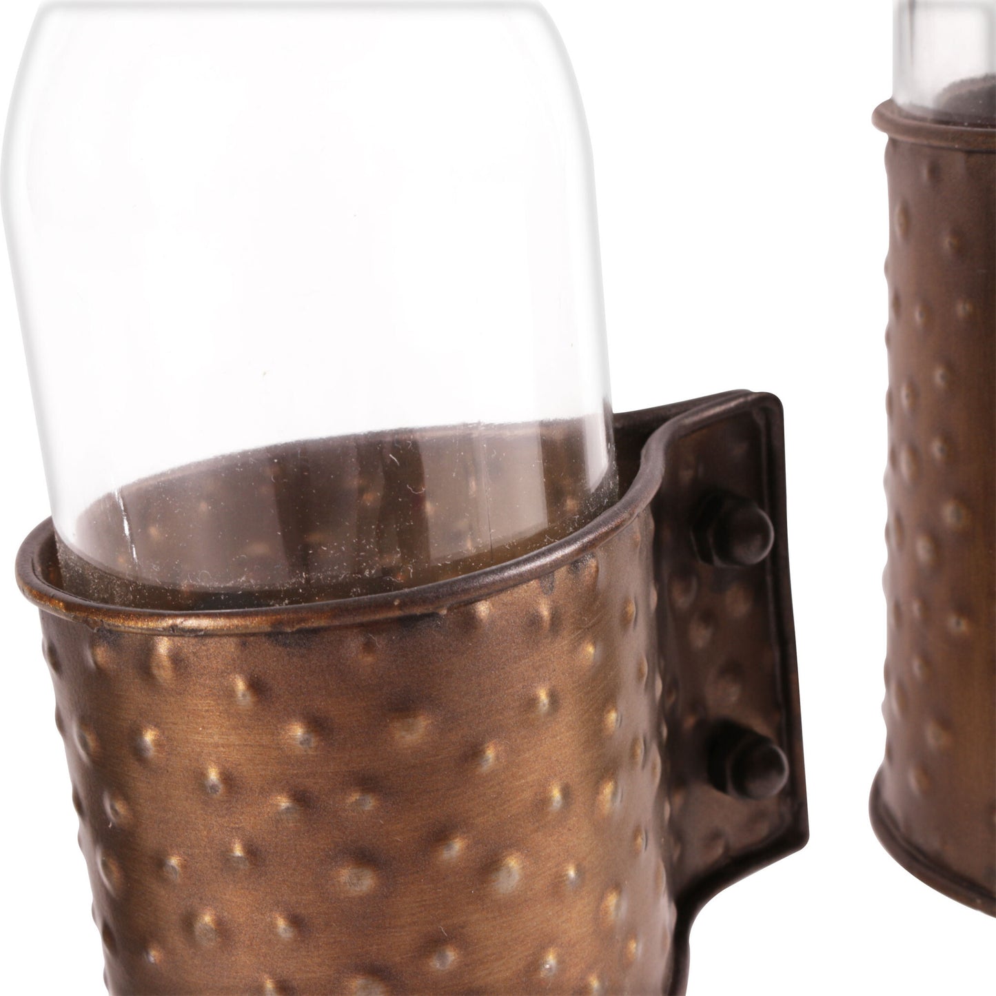 Clear glass and bronze metal hammered vases displaying versatile styling options for industrial contemporary home accents