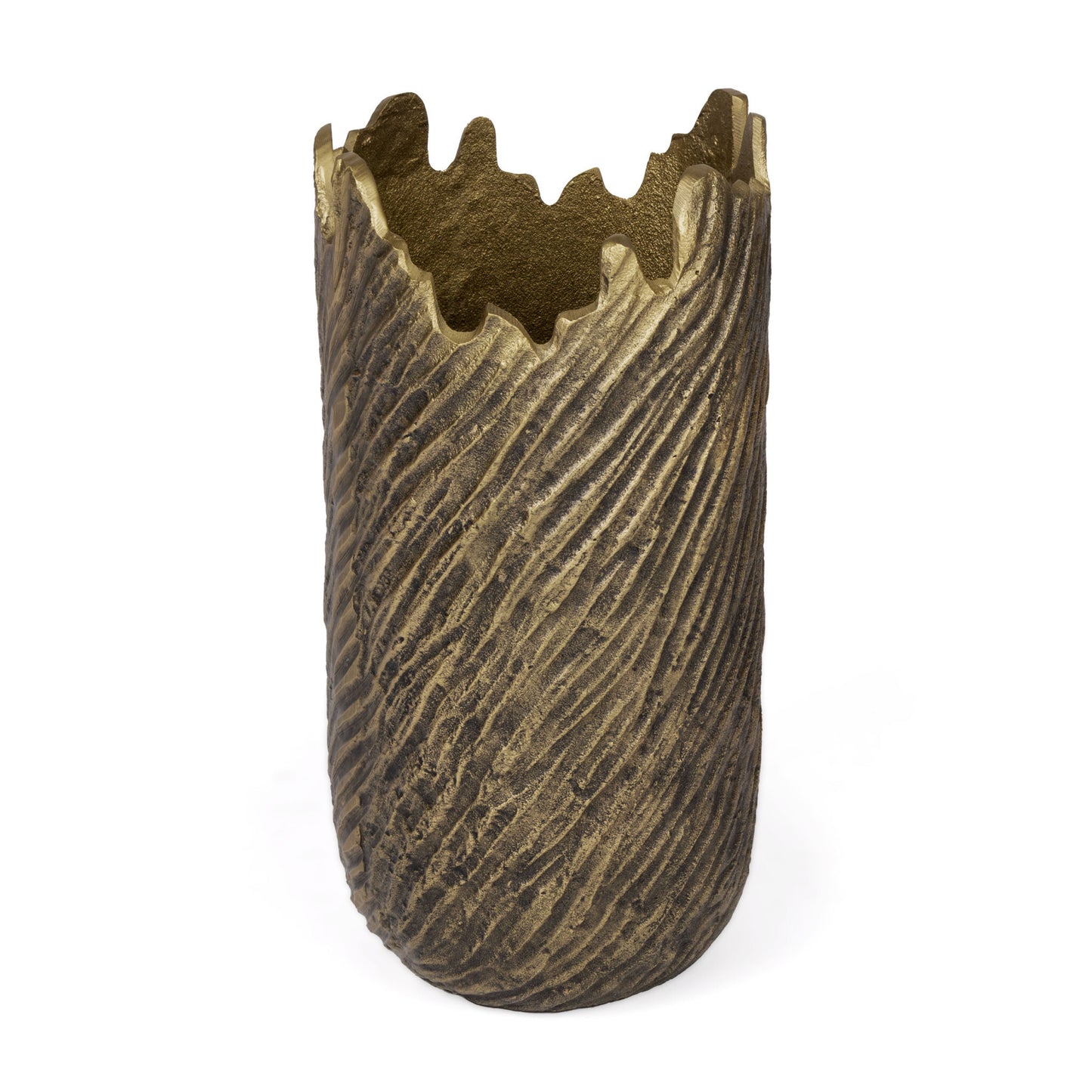 Modern gold vase detail view showing distressed metal finish, 17 inch contemporary centerpiece