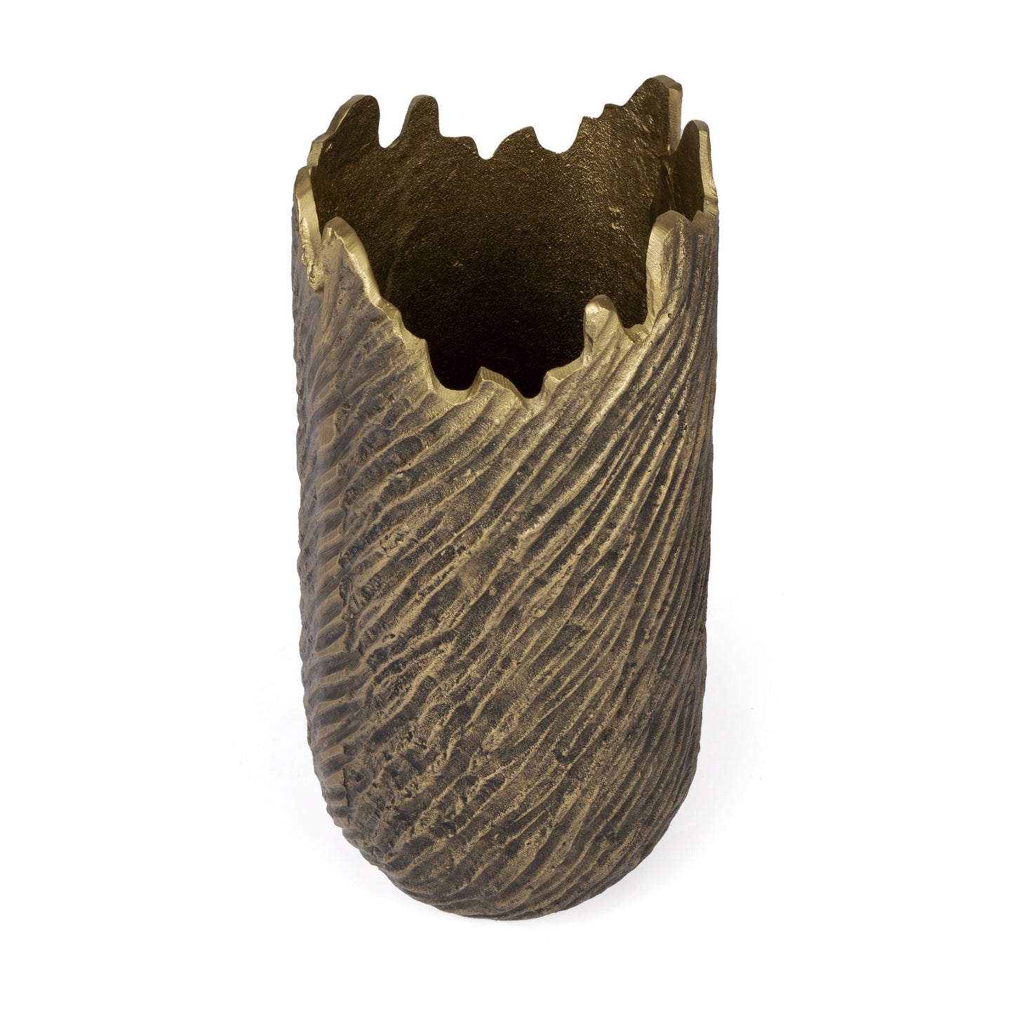 Contemporary gold aluminum vase showing artistic abstract design, 17 inch statement piece