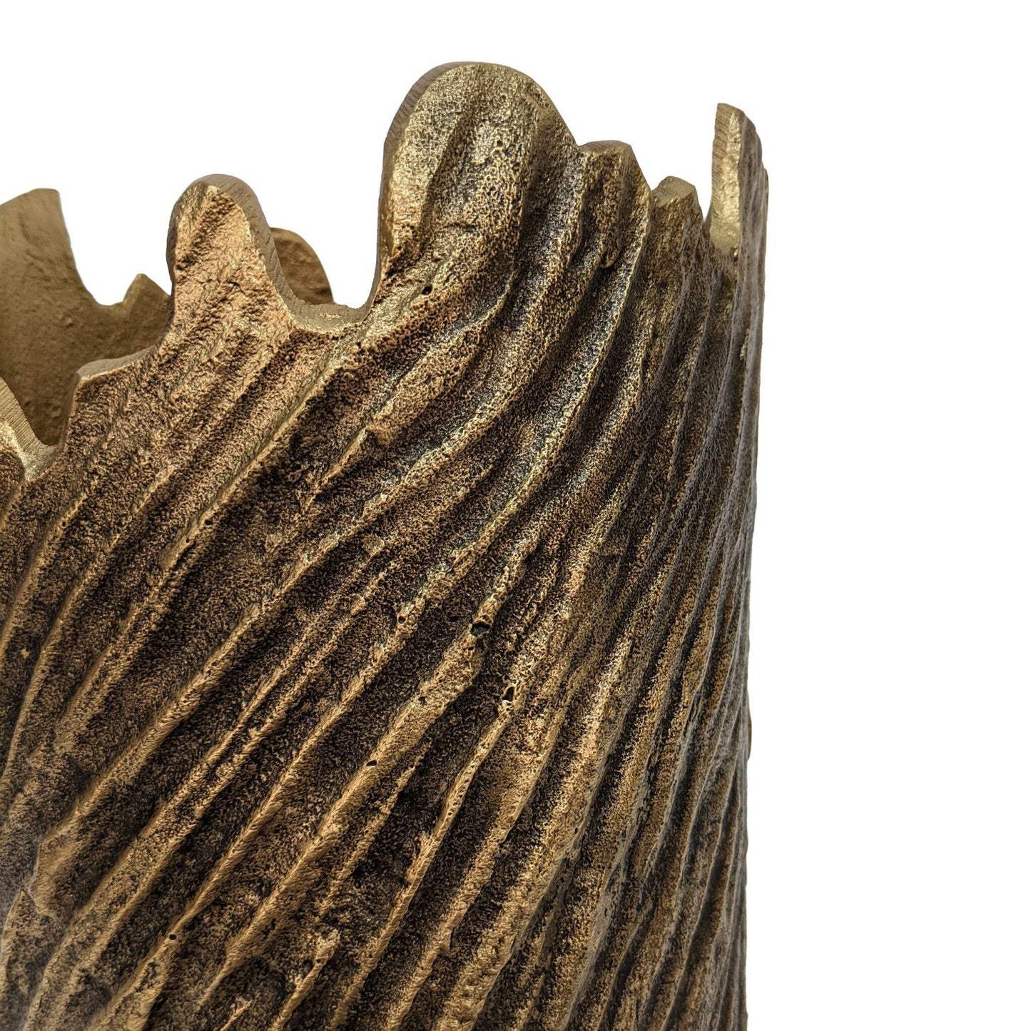 Gold distressed metal vase side view, 17 inch modern sculptural table decoration