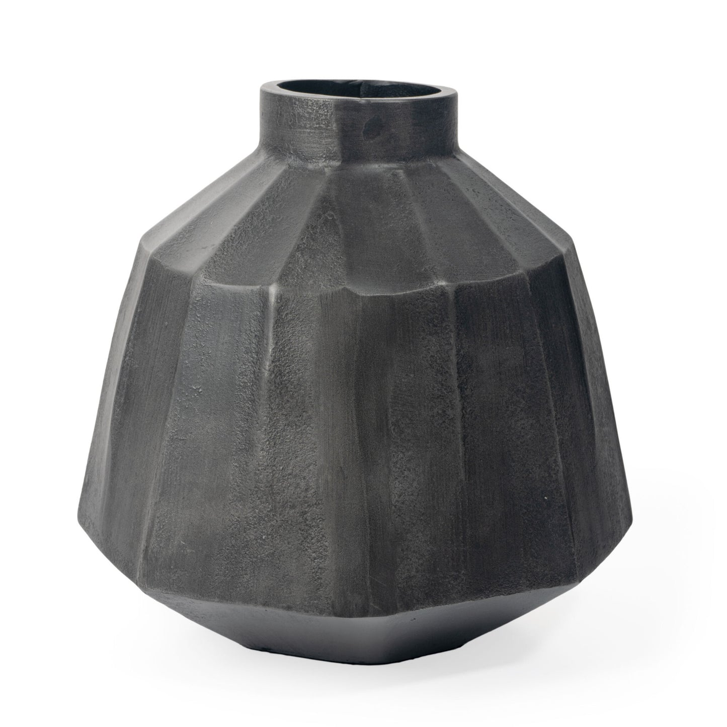 11 inch gray geometric round aluminum vase with modern design, sculptural table decor for contemporary home