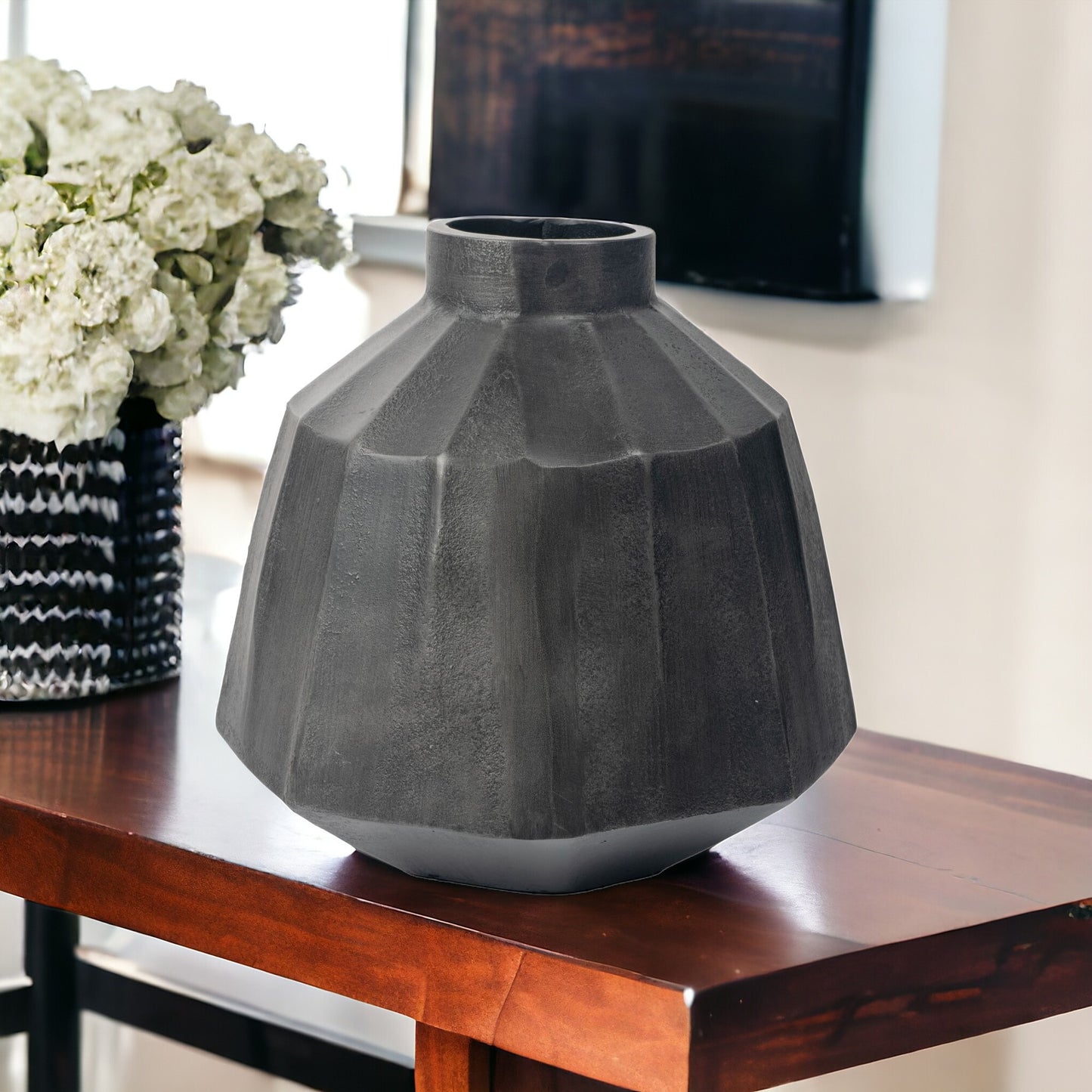Geometric gray metal vase detail view showing contemporary design, 11 inch statement centerpiece