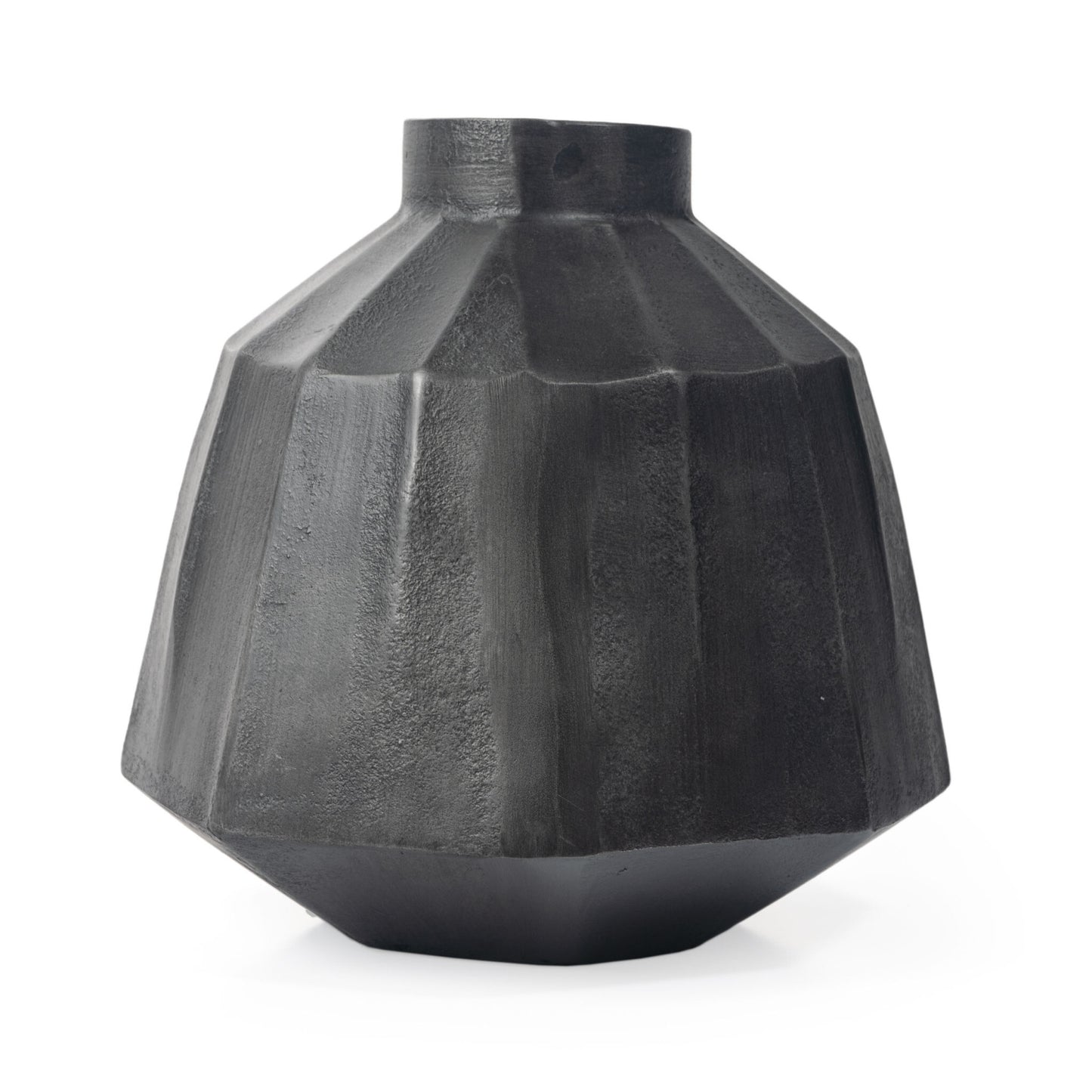 11 inch gray round aluminum vase with geometric details, modern home decor accent