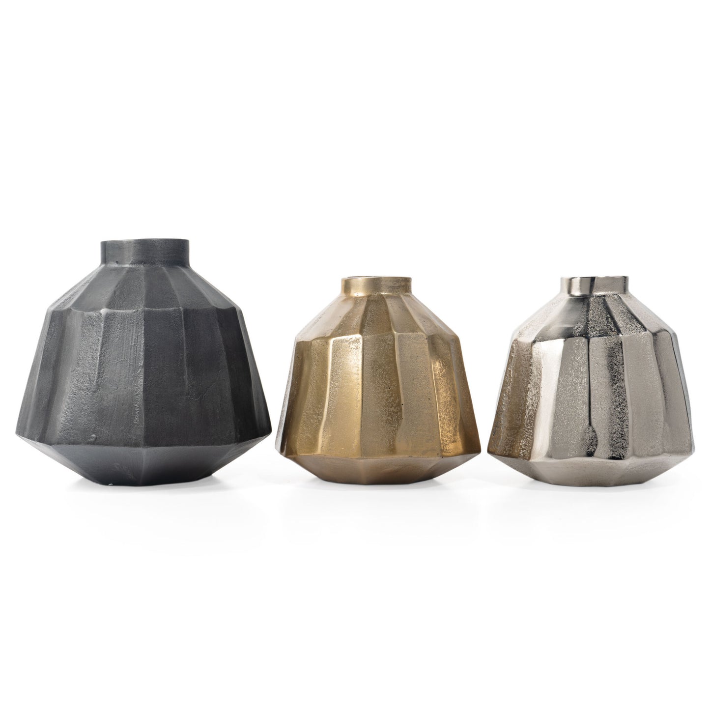 11 inch gray geometric round aluminum vase full view, modern sculptural decor statement piece