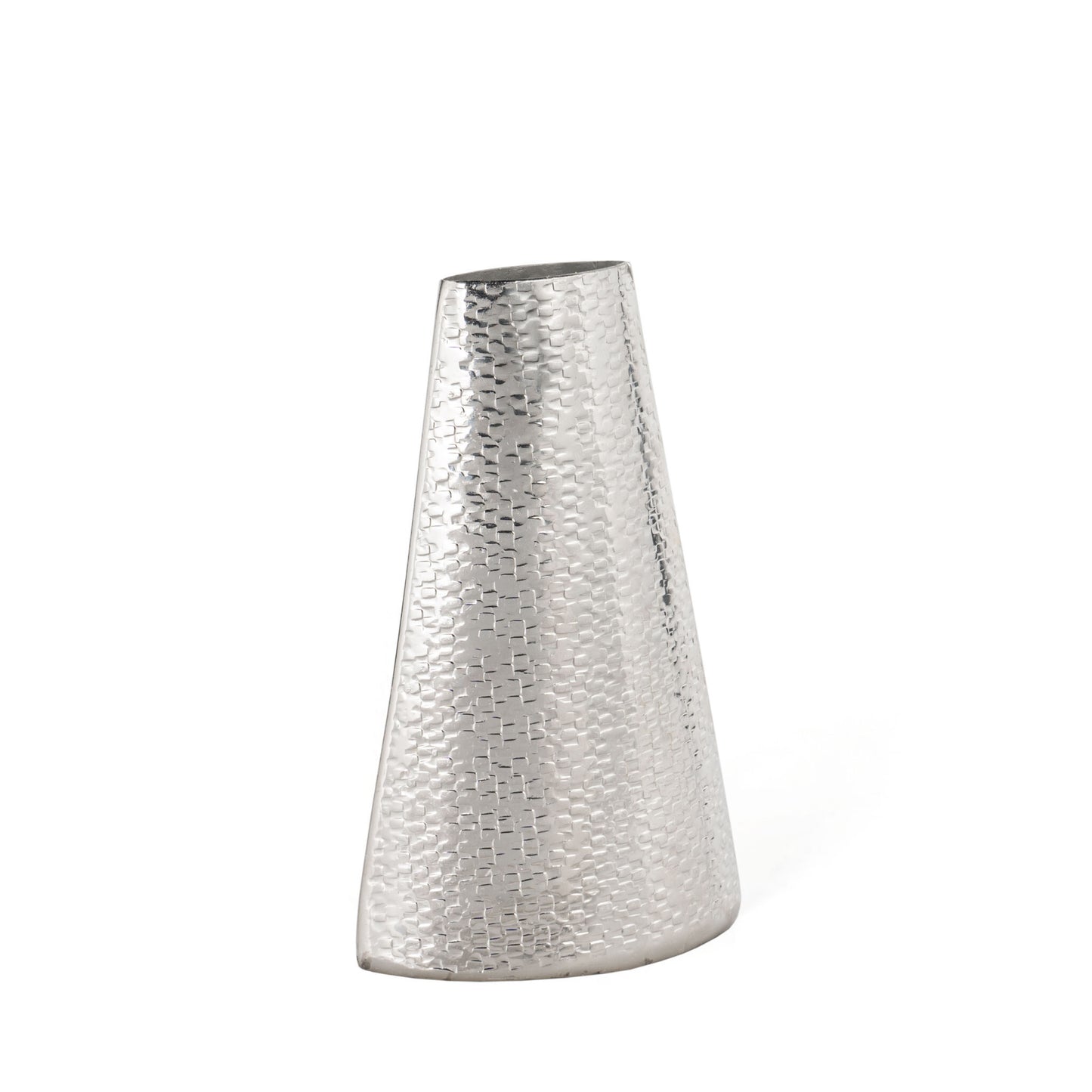Hammered aluminum cone vase detail view showing textured surface, 10 inch contemporary centerpiece