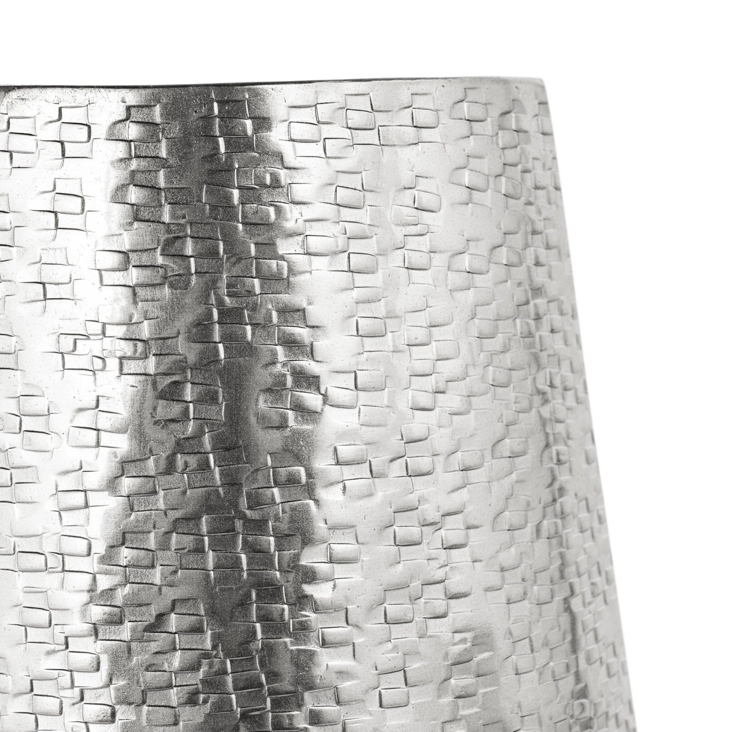 Contemporary silver hammered vase showing light-catching texture, 10 inch modern home decor