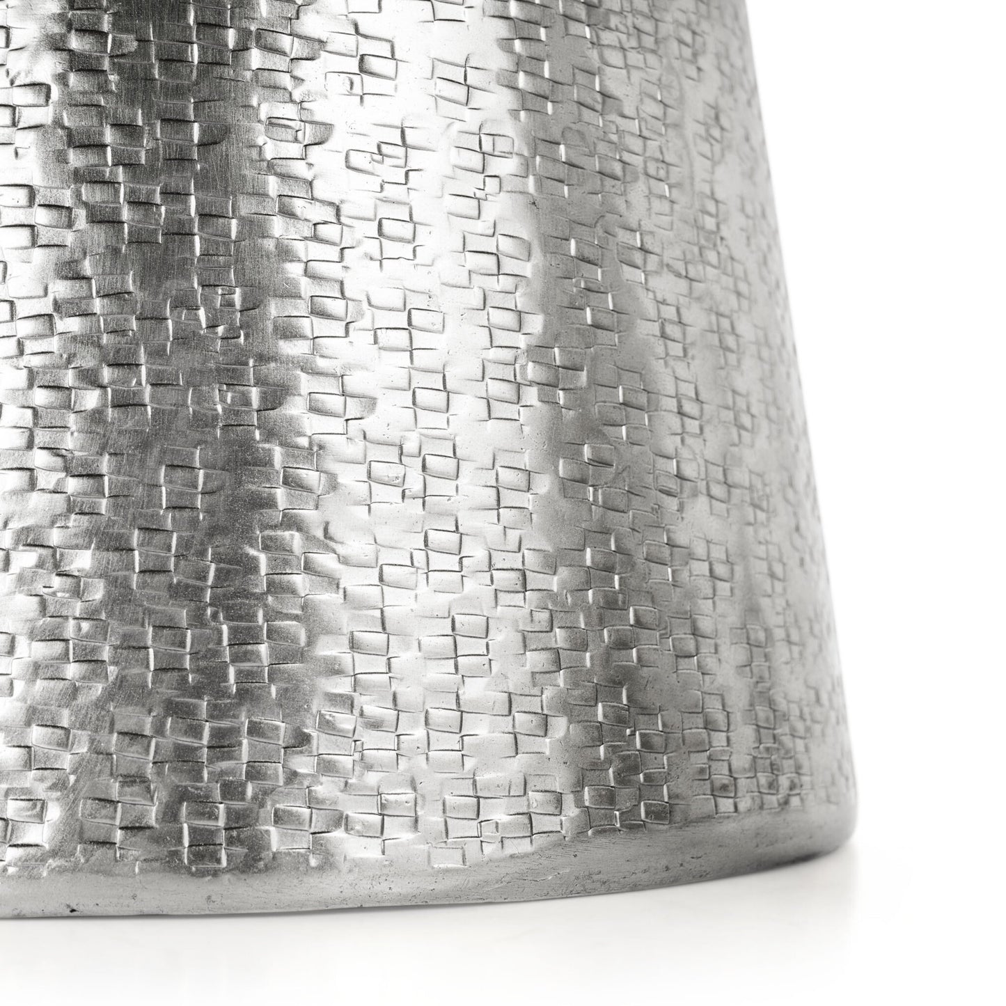Silver aluminum cone vase side view with hammered texture, 10 inch modern decoration
