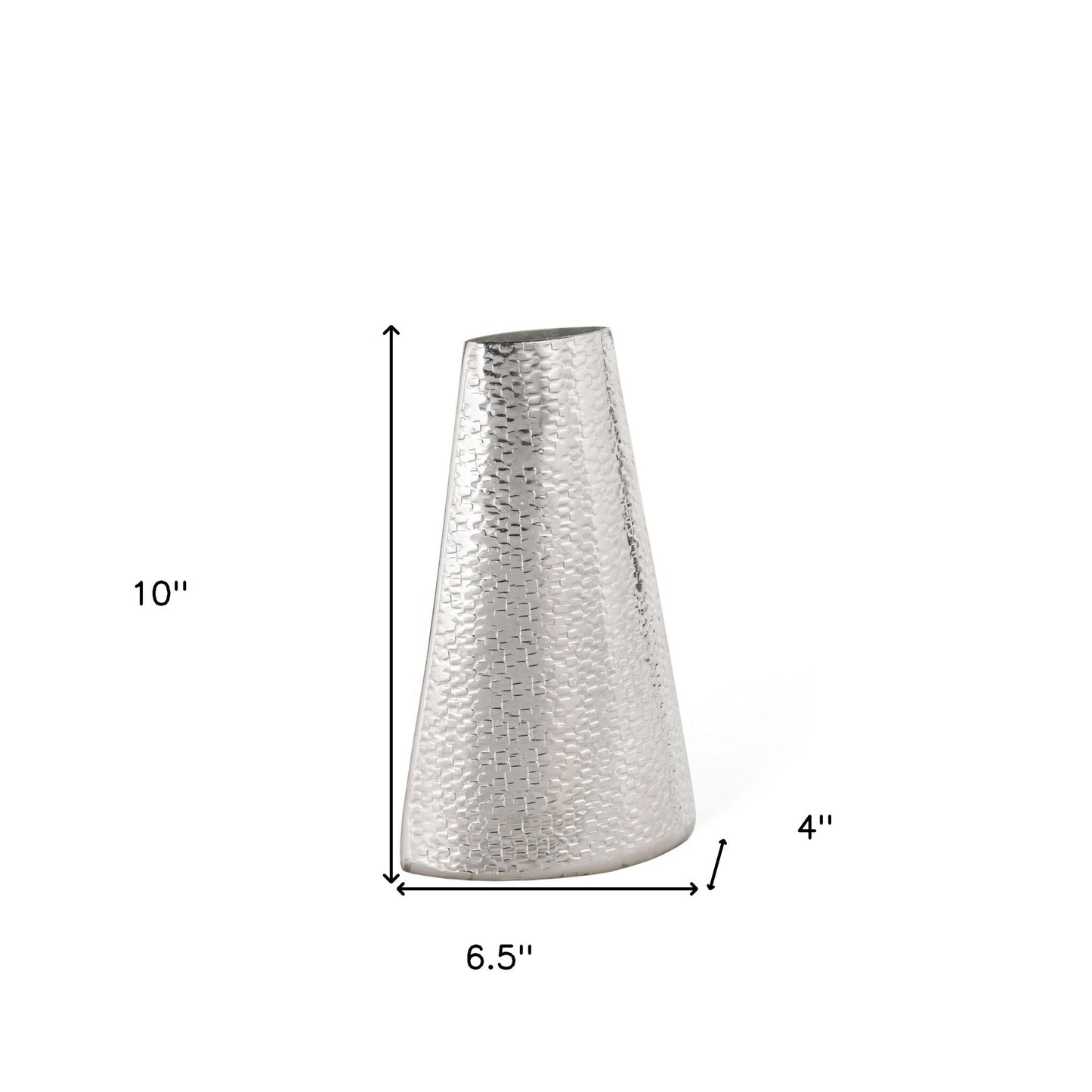10 inch silver hammered cone aluminum vase full view, modern textured decor statement piece