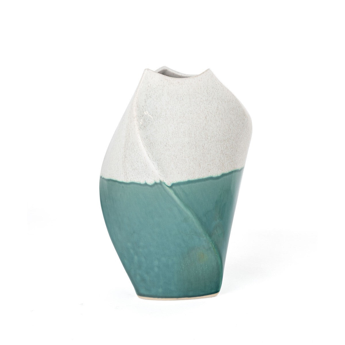 Side view of organic wavy texture on green and ivory ombre ceramic vase, nature-inspired design