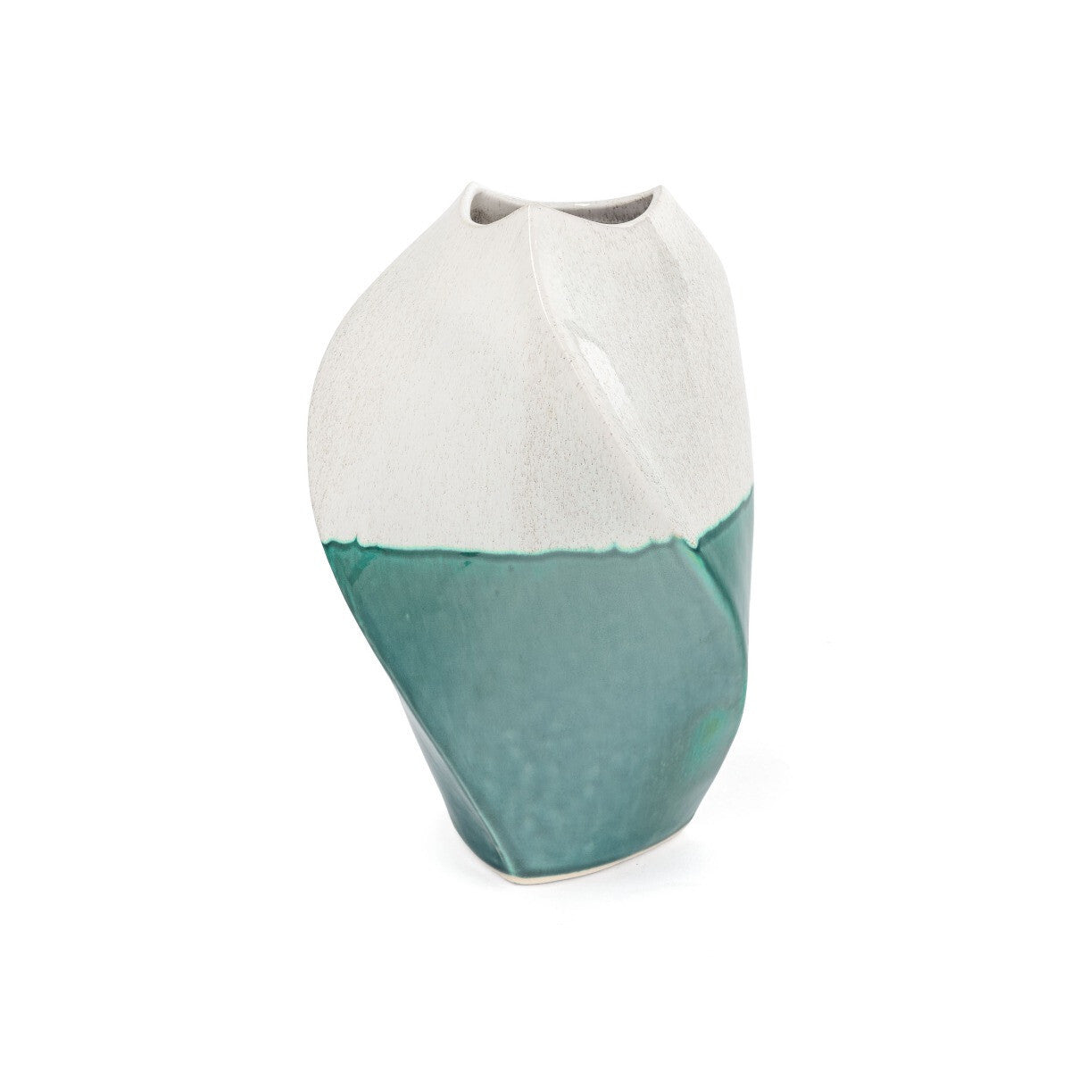 Green and ivory ombre vase detail showing unique wavy surface pattern and artistic ceramic craftsmanship