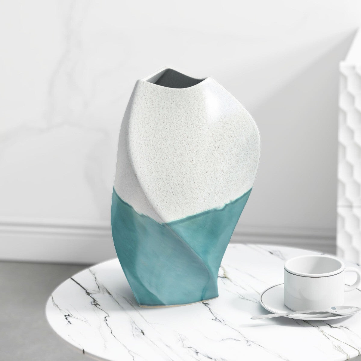 🌿 12" Green & Ivory Ombre Wavy Ceramic Table Vase - Organic Modern Decor