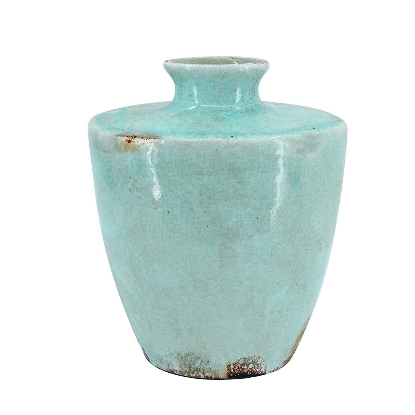 Aqua crackle glaze terracotta vase showing unique texture detail, 12 inch coastal home accent