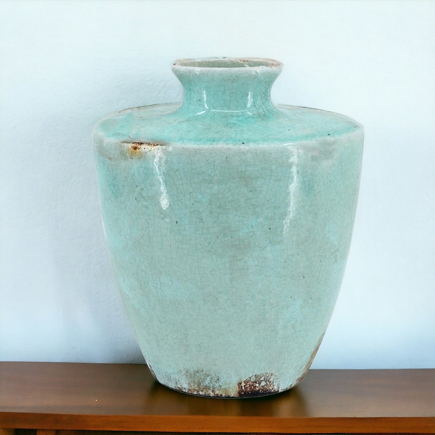 Round terracotta vase in aqua with distressed crackle finish, 12 inch beach style centerpiece