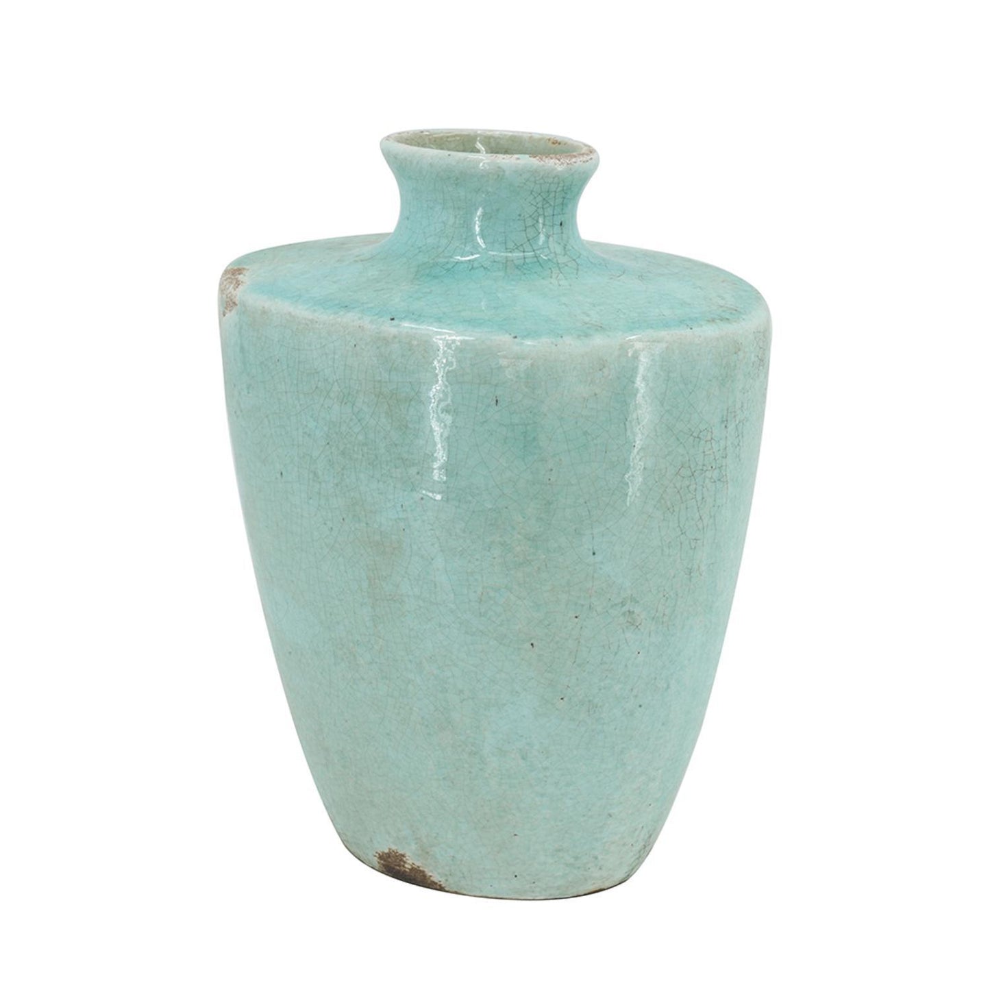 12 inch aqua terracotta vase with crackle glaze pattern, rustic coastal table decoration