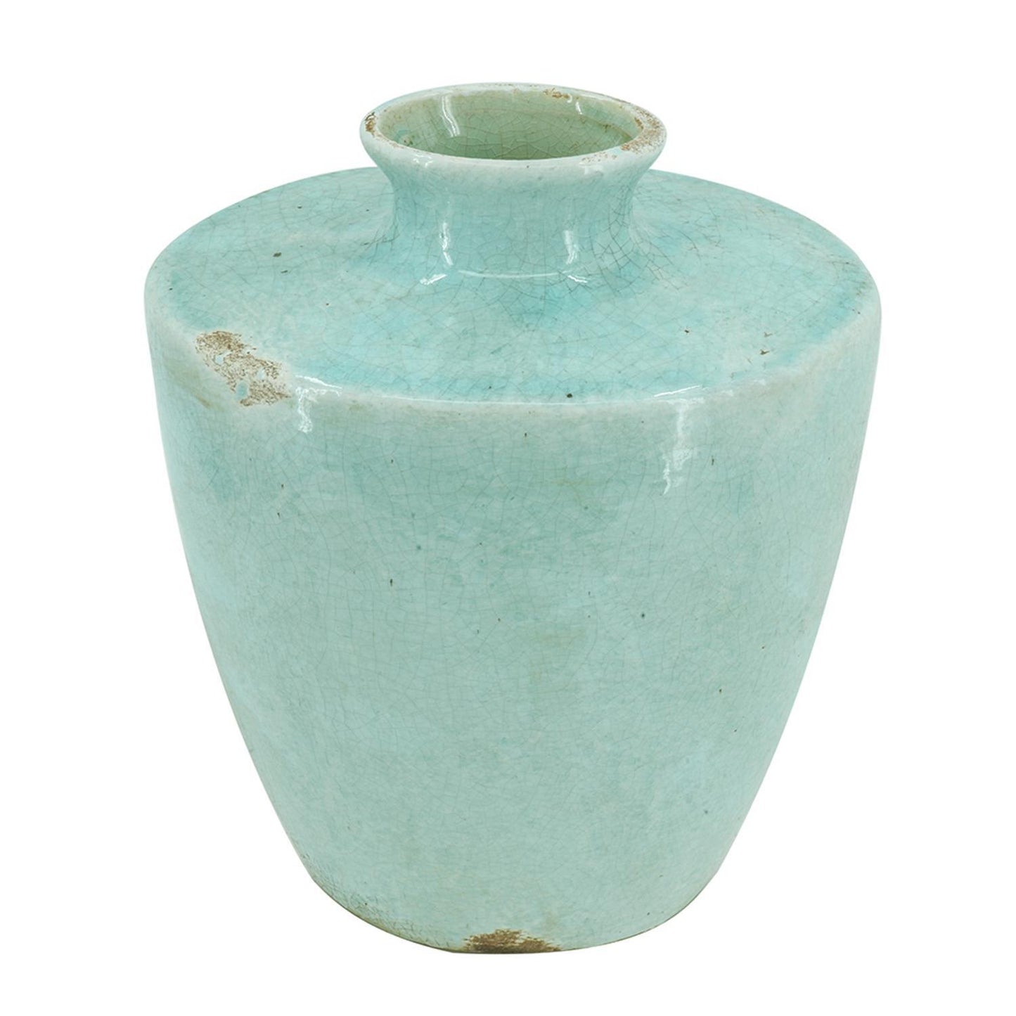 Coastal aqua crackle glaze round vase showing vintage texture, 12 inch terracotta home decor