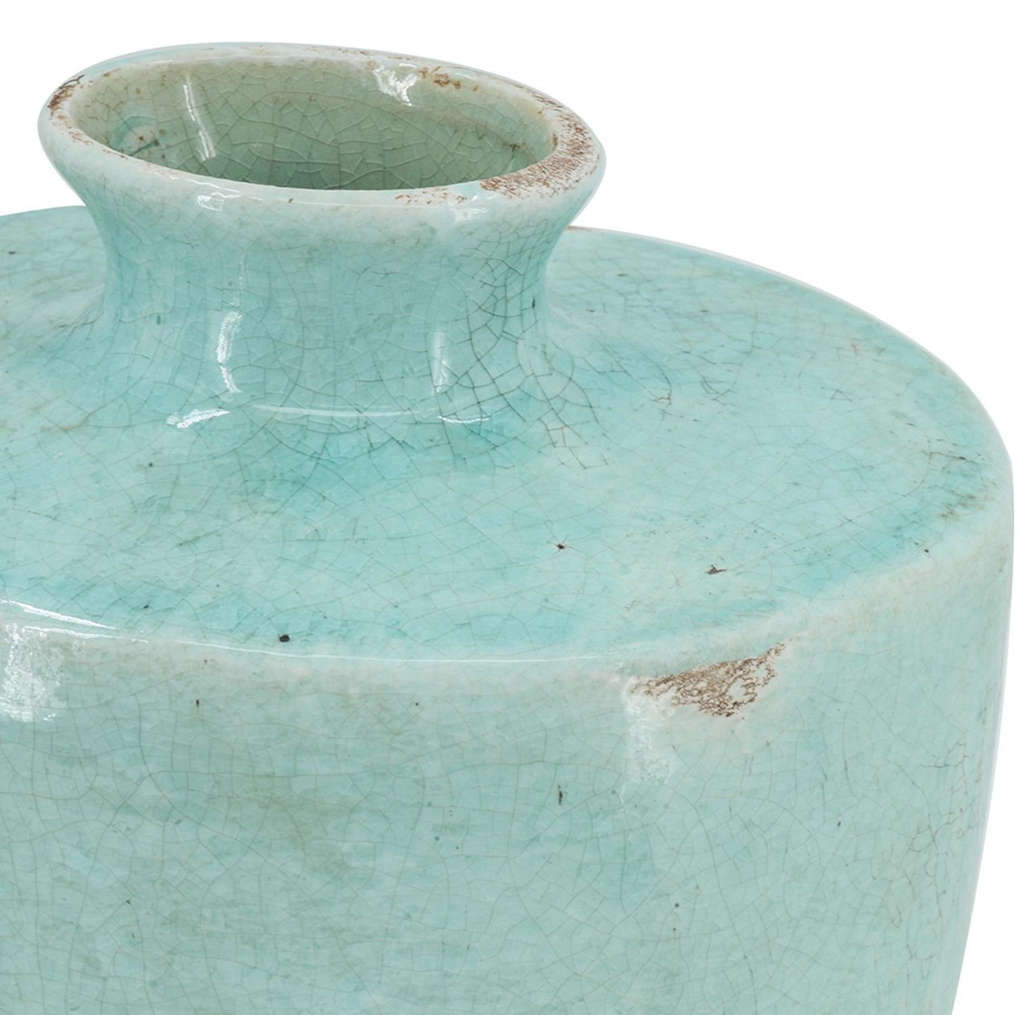 12 inch round terracotta vase in aqua with unique crackle finish, bohemian coastal style