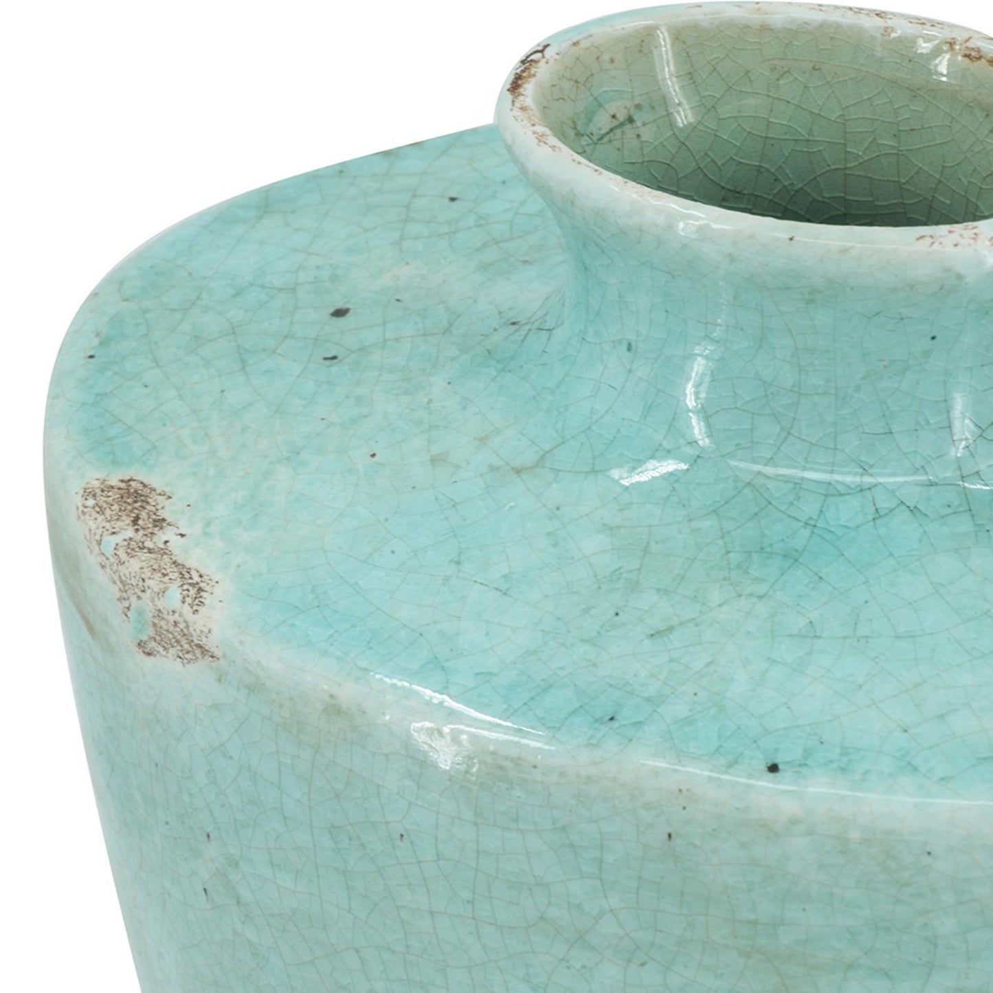 Aqua terracotta crackle glaze vase showing artisan finish detail, 12 inch coastal rustic centerpiece
