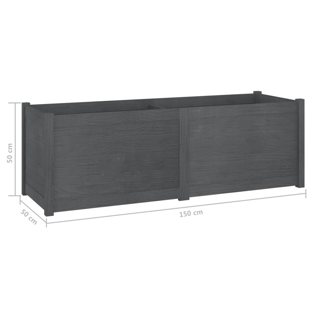 Grey pine wood garden planter with flowers on patio - modern outdoor raised bed planter