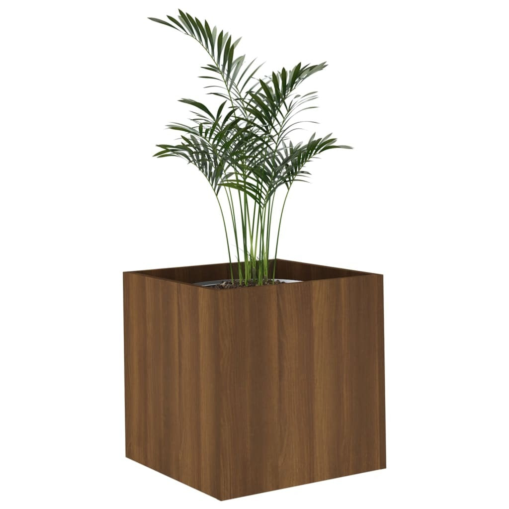 Side view of brown oak planter box showing textured finish and decorative inlay details - engineered wood construction
