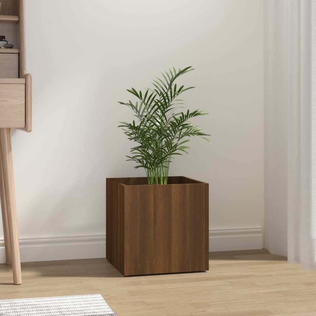 Top view of brown oak planter box showing square shape and interior space - 15.7 inch indoor planter