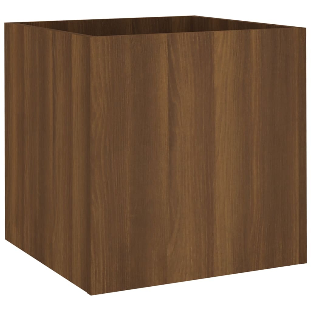 Brown oak planter box detail showing moisture-resistant engineered wood construction and oak finish
