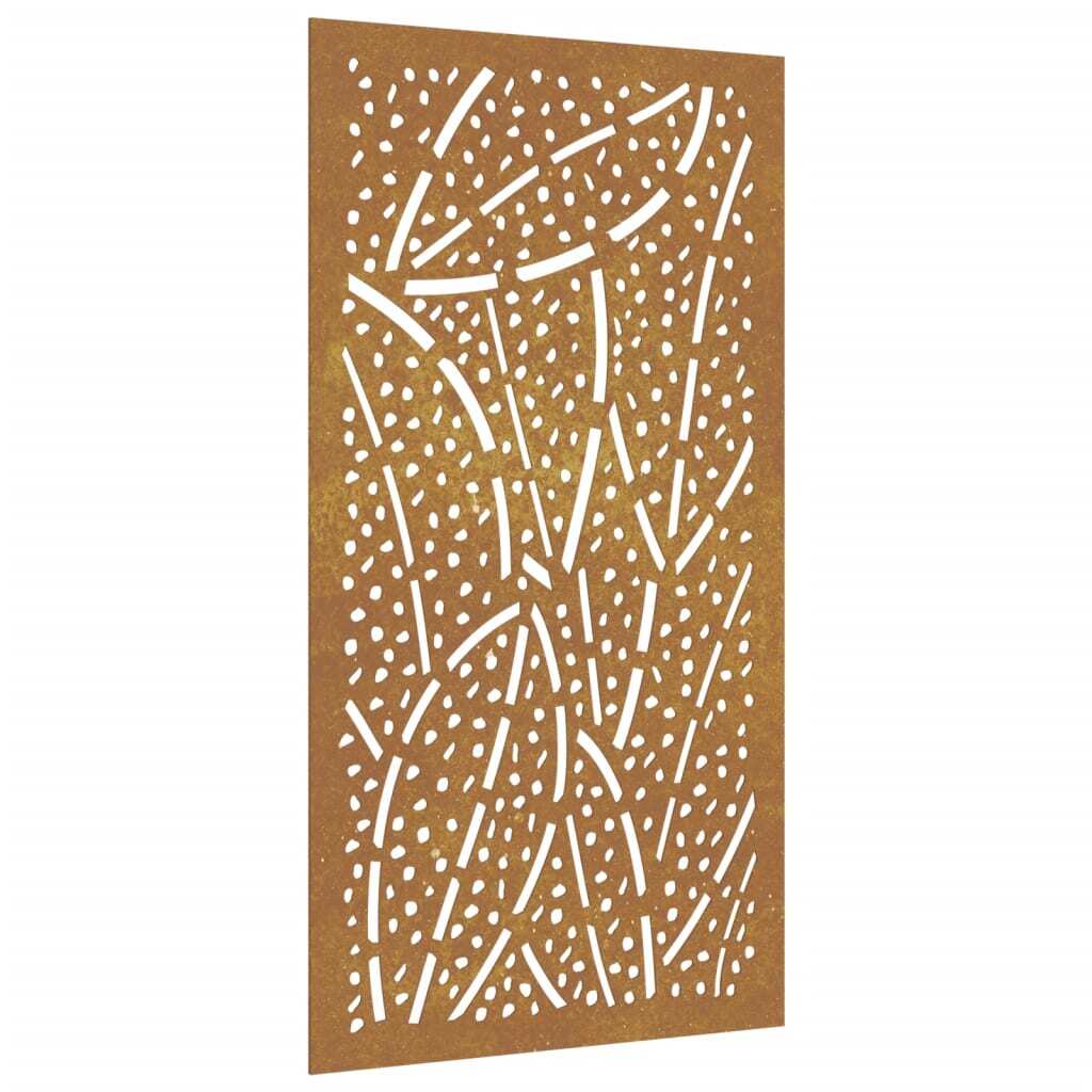 Close-up view of corten steel leaf pattern wall decoration showing floral motifs and weathered brown finish
