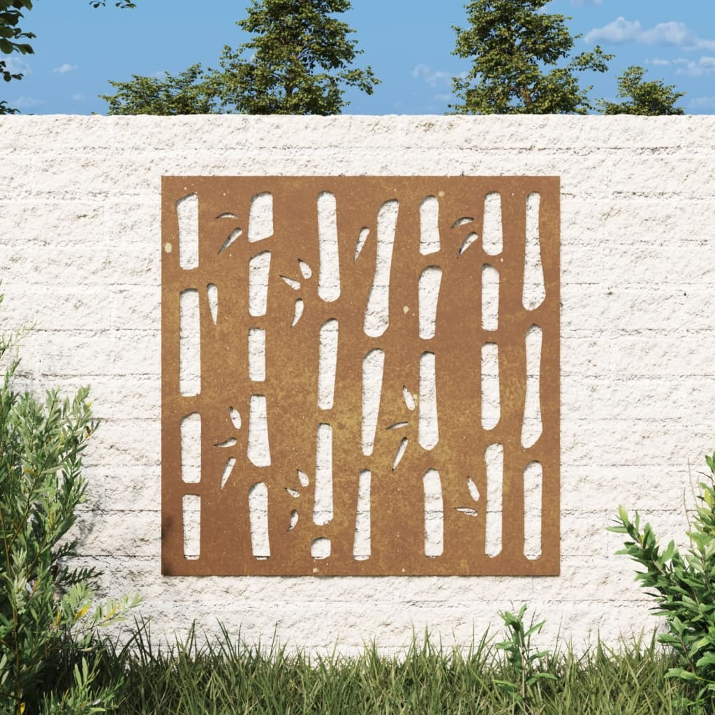 Garden wall decoration rusty corten steel 21.7x21.7 inches with bamboo pattern installed in outdoor garden setting