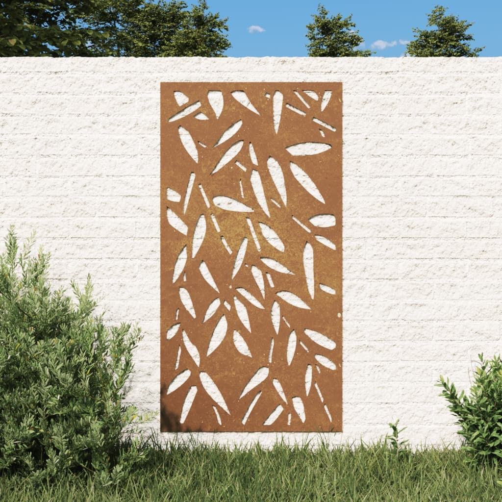 Garden wall decoration corten steel with rustic weathering art panel in landscape setting