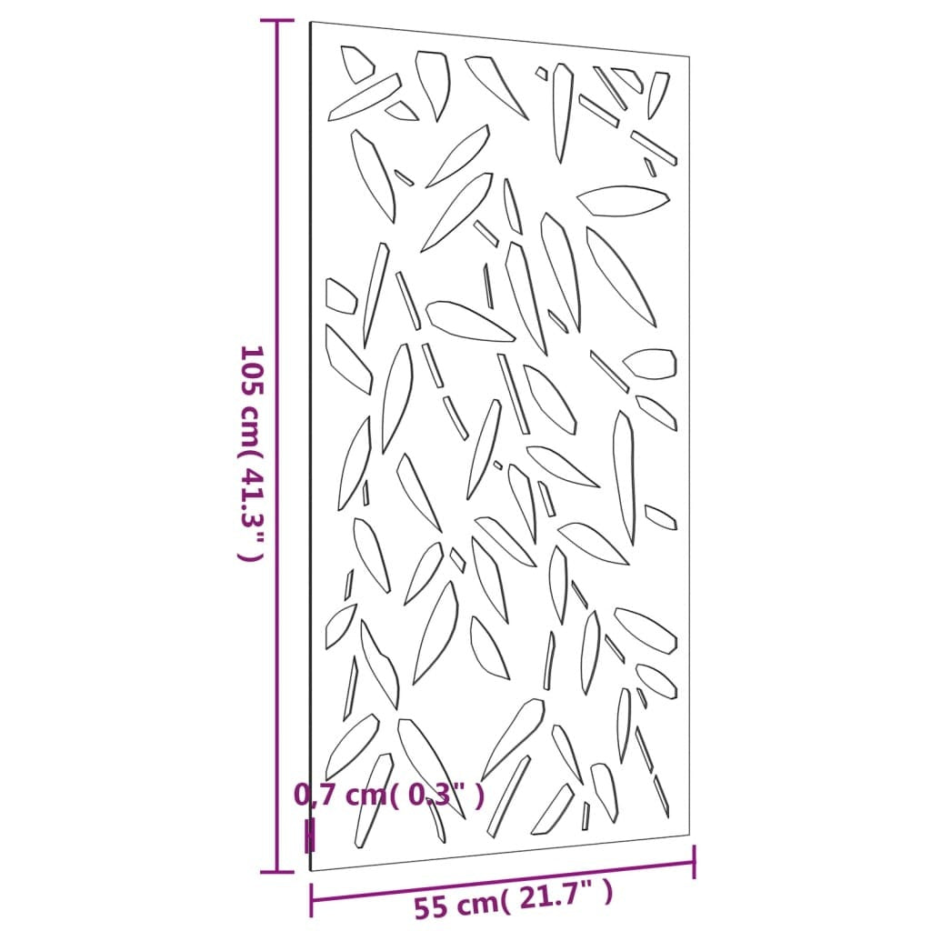 Technical view of corten steel garden wall decoration showing dimensions and mounting