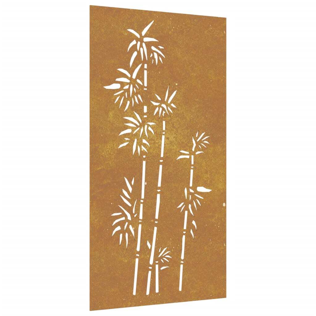 Close-up view of corten steel bamboo pattern wall decoration showing weathered finish and rustic brown color