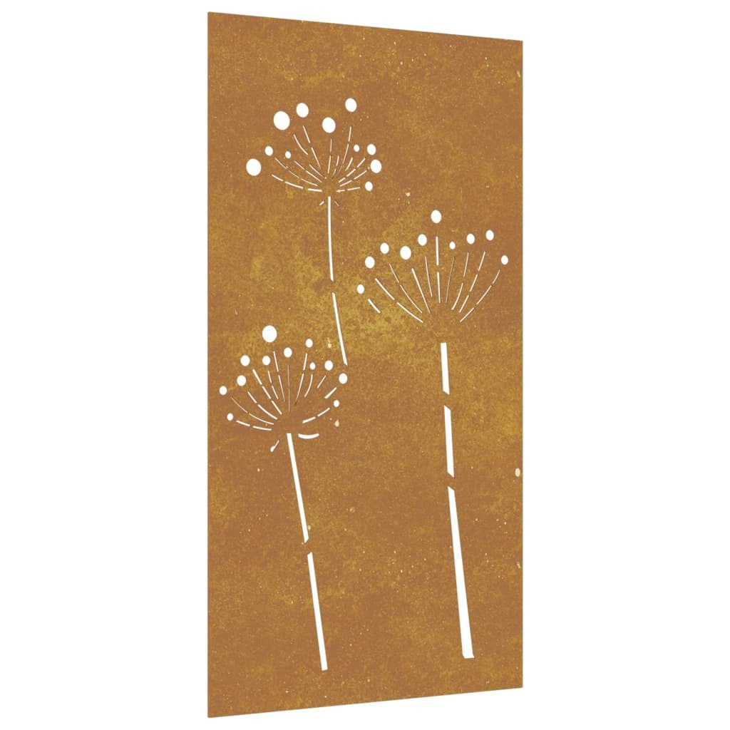 Close-up view of corten steel floral pattern wall decoration showing rust finish and weatherproof quality