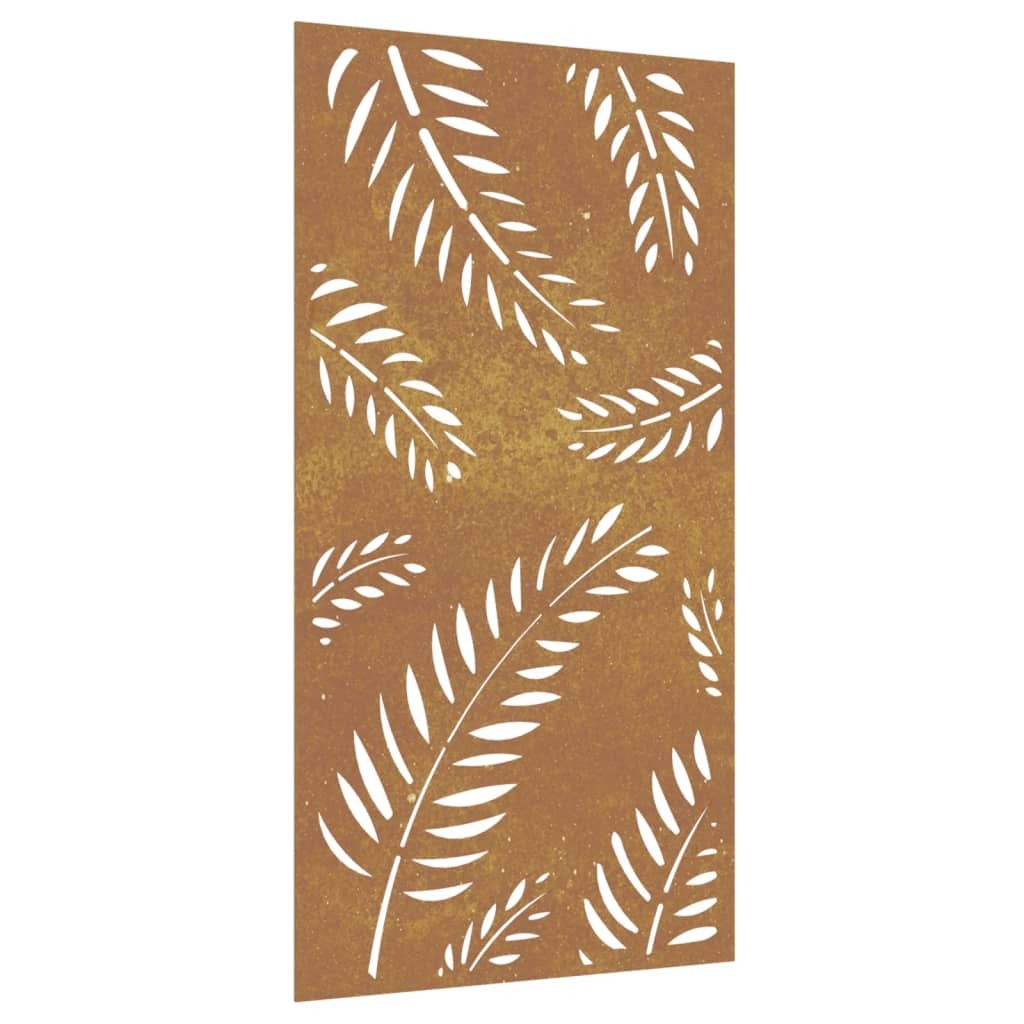 Close-up view of corten steel leaf pattern wall decoration showing decorative inlays and rustic brown finish